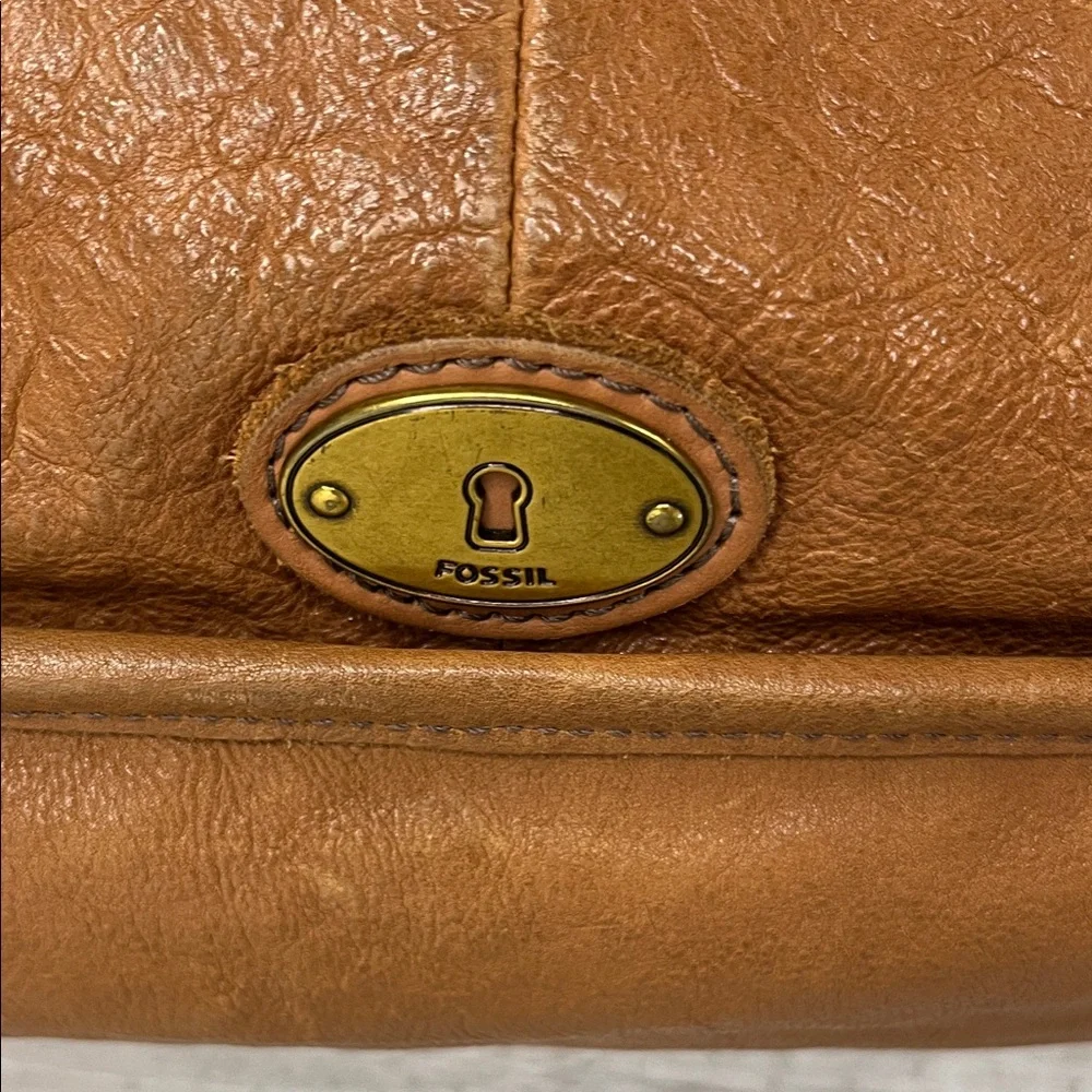 Fossil Cognac Brown Leather Messenger Bag with Brass Hardware
